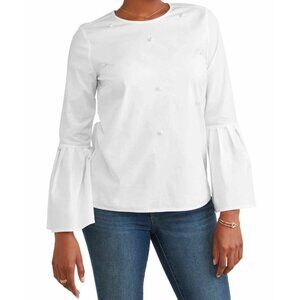 Apt. 9 Pearl Embellished Blouse Womens M Long Bell Sleeve Round Neck Flowy White